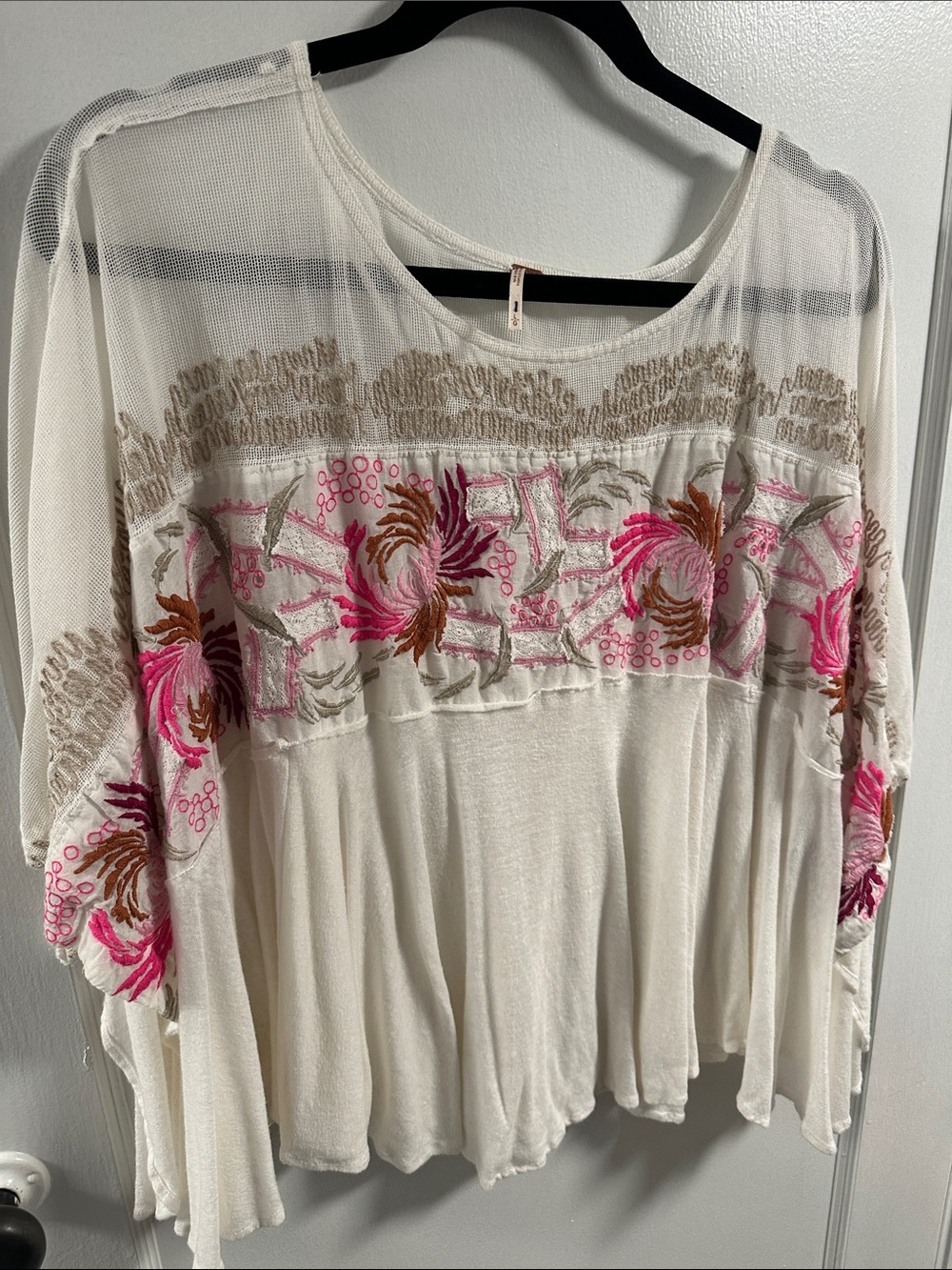 Free People Ivory Boho Poncho style Top with Pink & Brown Floral Embroidery